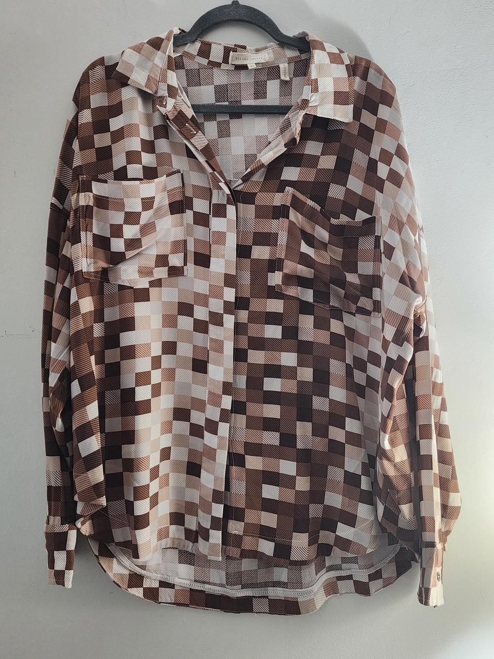 Womens Oversized Brown Checkered Button-Front Shirt